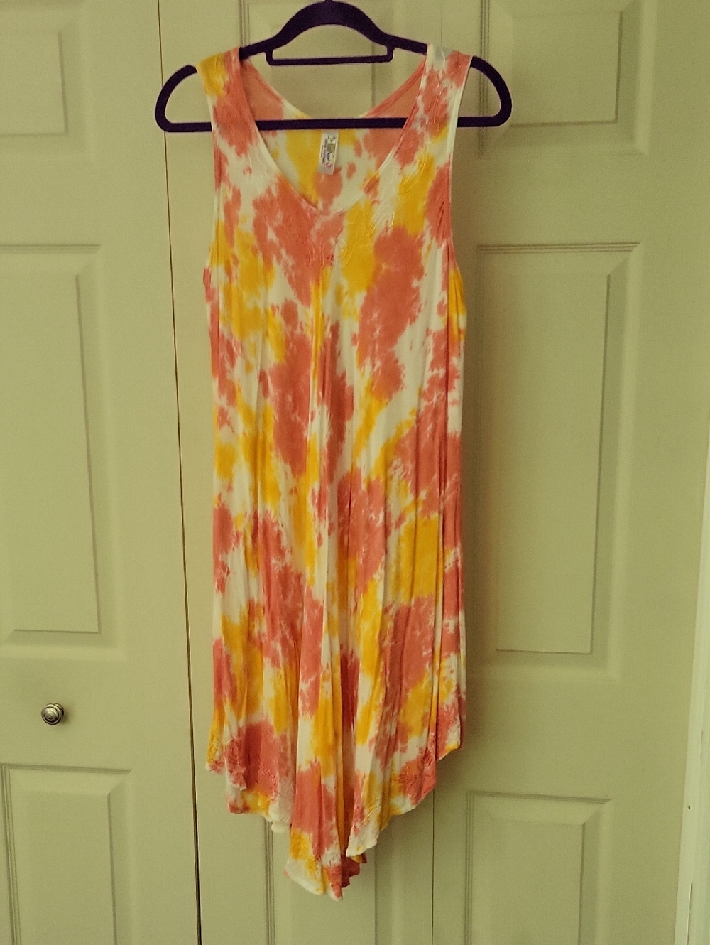Tie-Dye Sleeveless V-Neck Swing Dress in Coral & Yellow